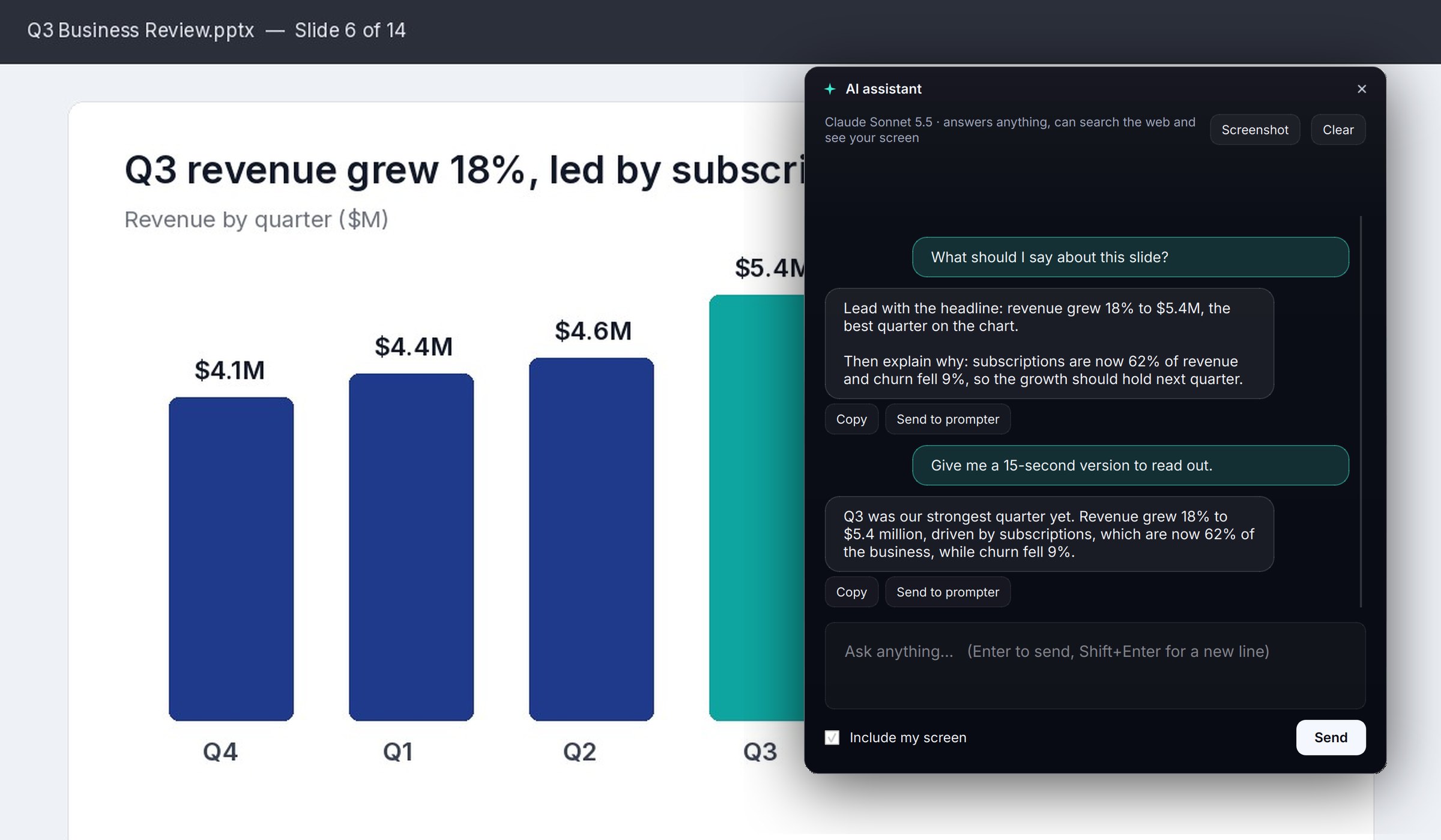 The AI assistant window over a presentation slide, suggesting what to say about Q3 revenue and offering Send to prompter