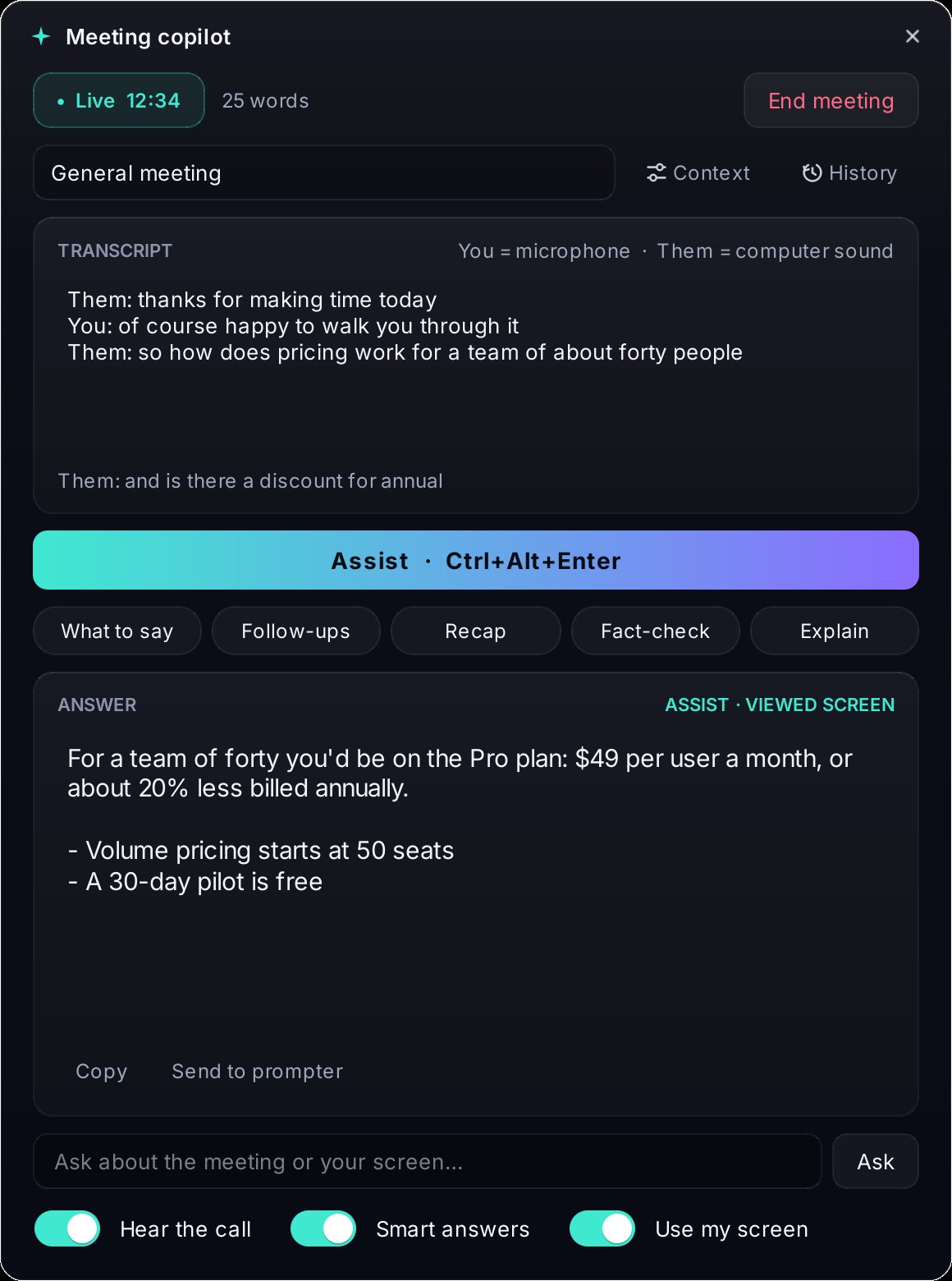 The meeting copilot window: a live transcript of the call, the Assist button with quick actions, and a suggested answer about pricing