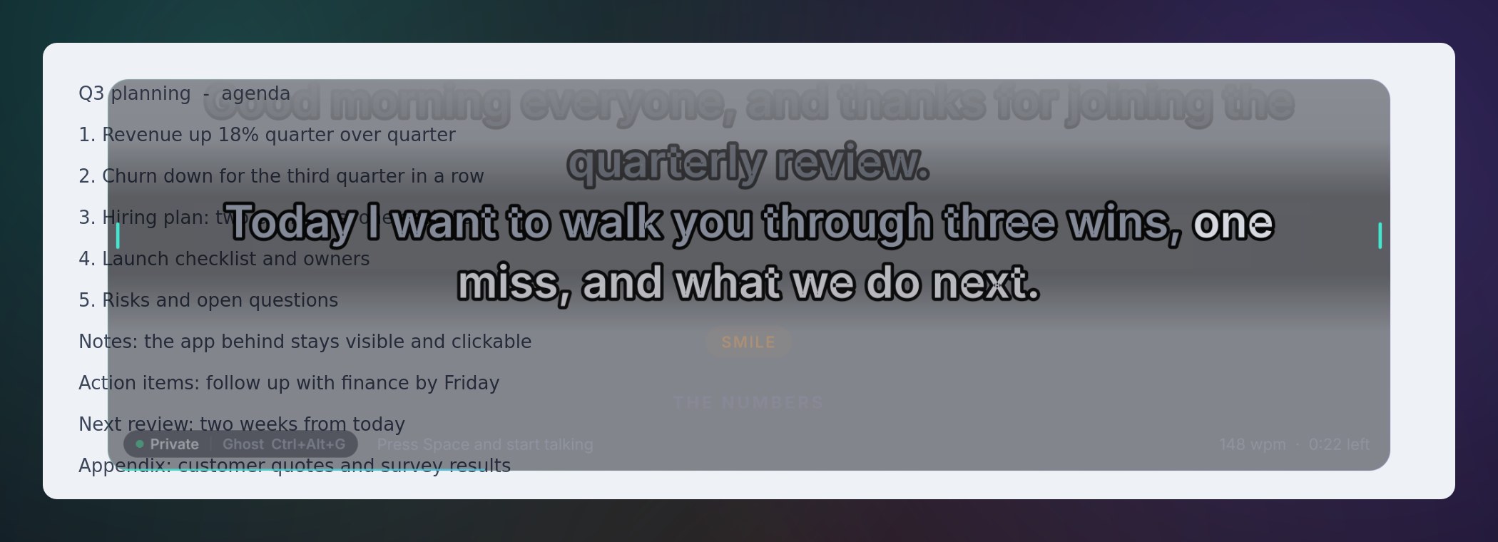 Ghost mode at 35 percent over a document: the document shows through, the script text stays crisp