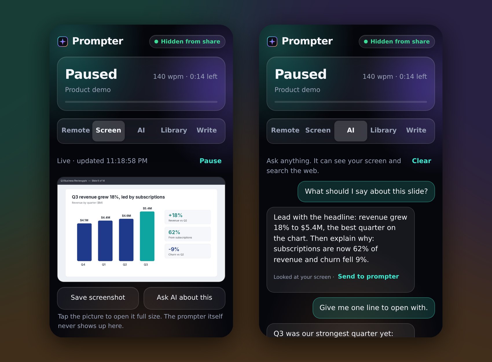 Two phones: the Screen tab showing the computer's slide live, and the AI tab answering what to say about it